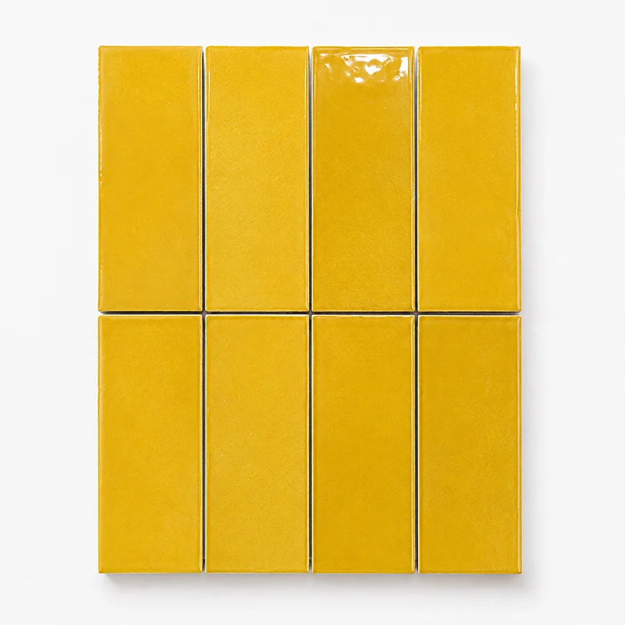 Esperance mustard antique gloss mini subway tiles, 50 × 150, flat product shot
