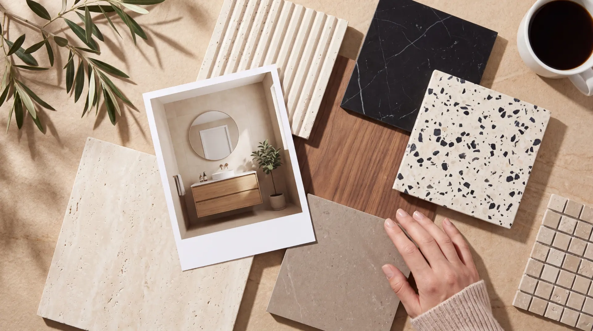 Styled flat-lay of tile samples, grout and spacers on a worktop